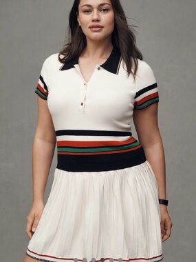 New Anthropologie Cream Polo Knit Dress with Black Collar and Multicolor Stripes